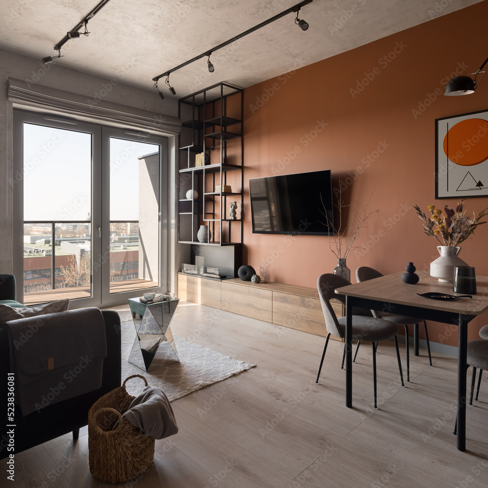 Living room with big window and table Stock Photo | Adobe Stock