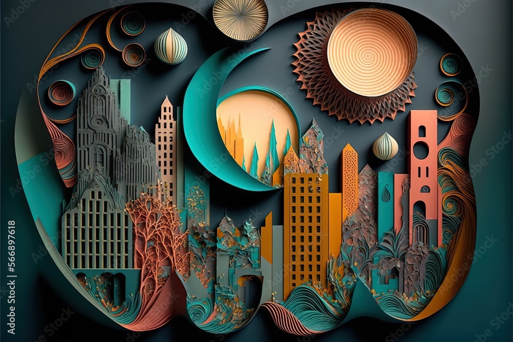 Generative AI paper quilling style urban design. Multidimensional paper ...