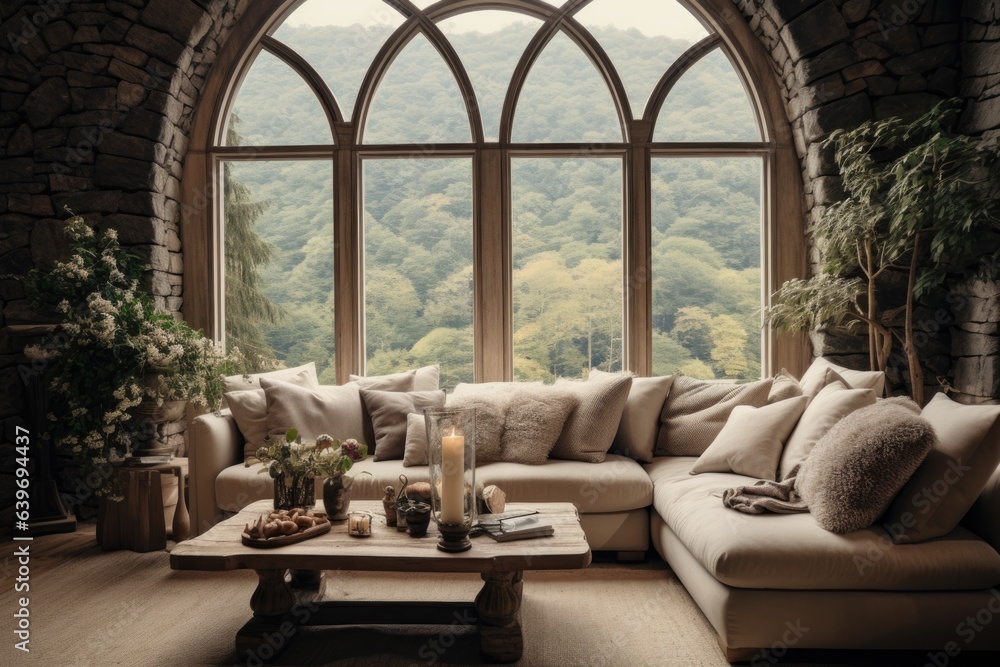 Beige sofa against of arched window. Rustic interior design of modern ...