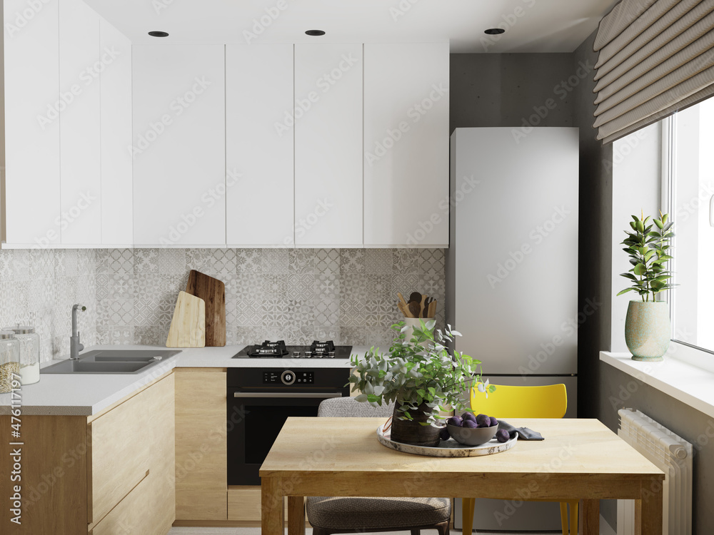 Loft-style design of small kitchen with grey walls and white cabinets ...