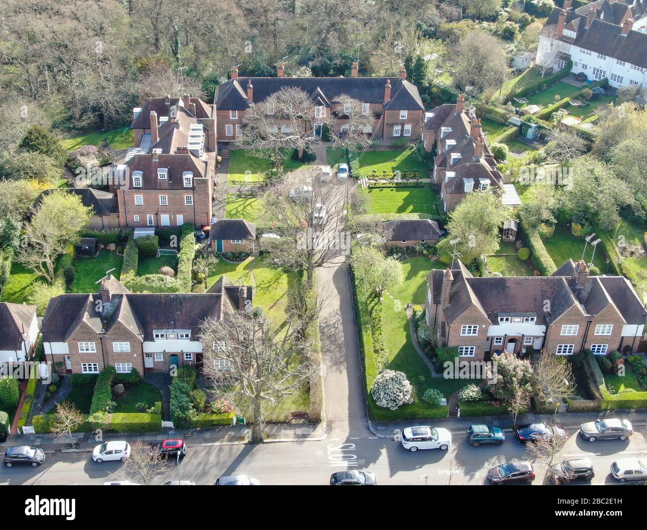 Aerial view of Hampstead Garden Suburb and typical house cottage, an ...