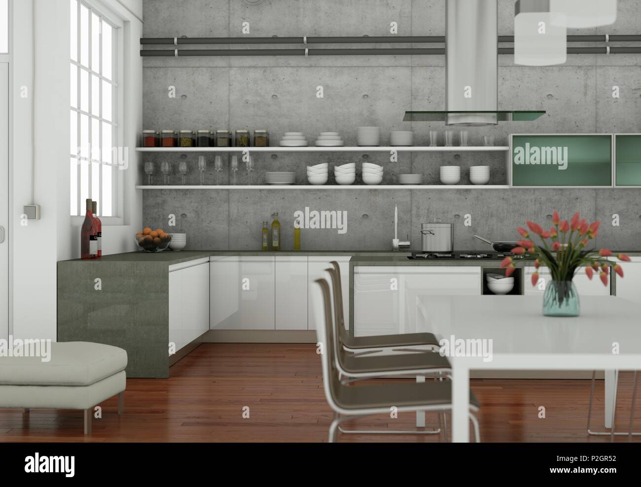 3d Illustration of grey modern kitchen in a loft with beautiful design ...