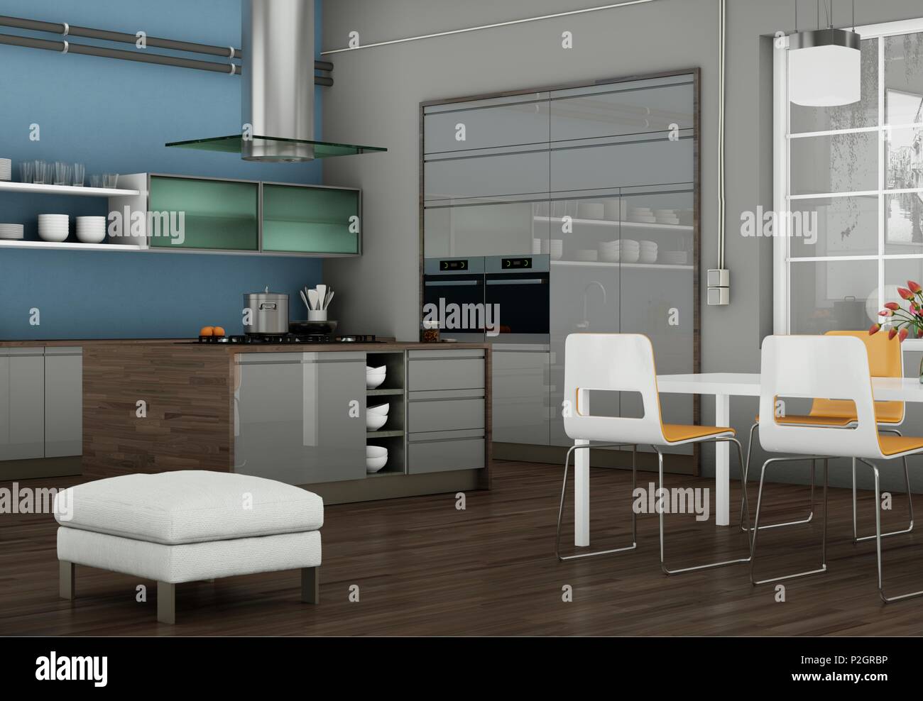 3d Illustration of grey modern kitchen in a loft with beautiful design ...