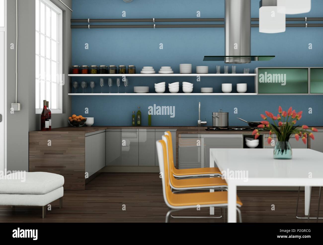 3d Illustration of grey modern kitchen in a loft with beautiful design ...