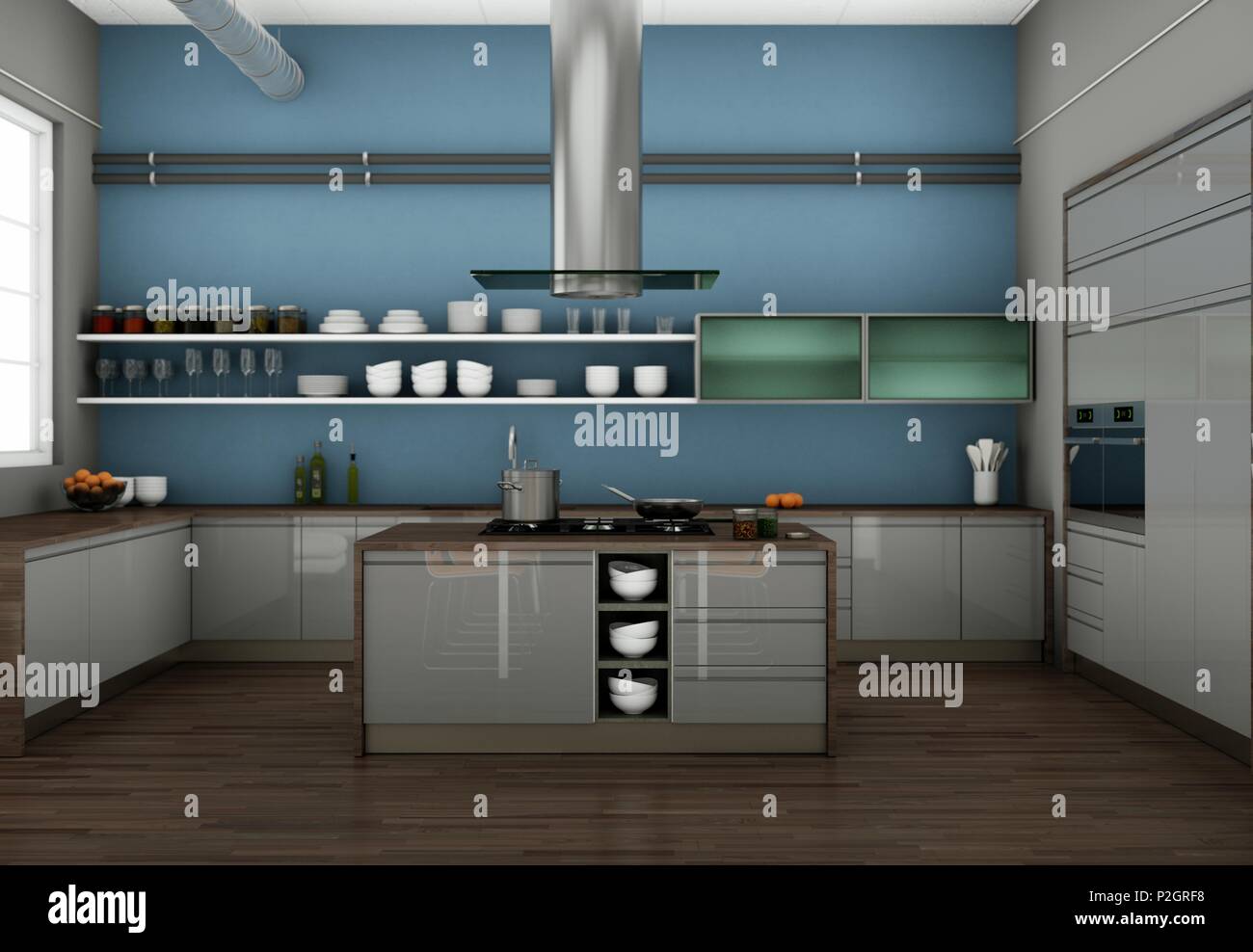 3d Illustration of grey modern kitchen in a loft with beautiful design ...