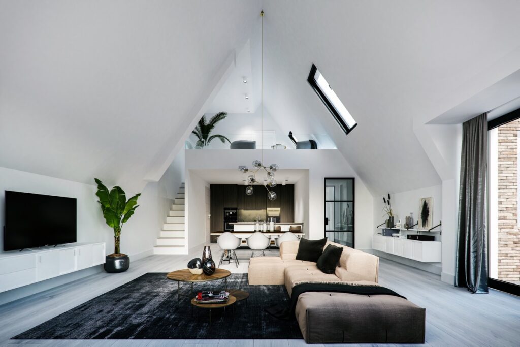 Modern living room with skylight | Interior Design Ideas
