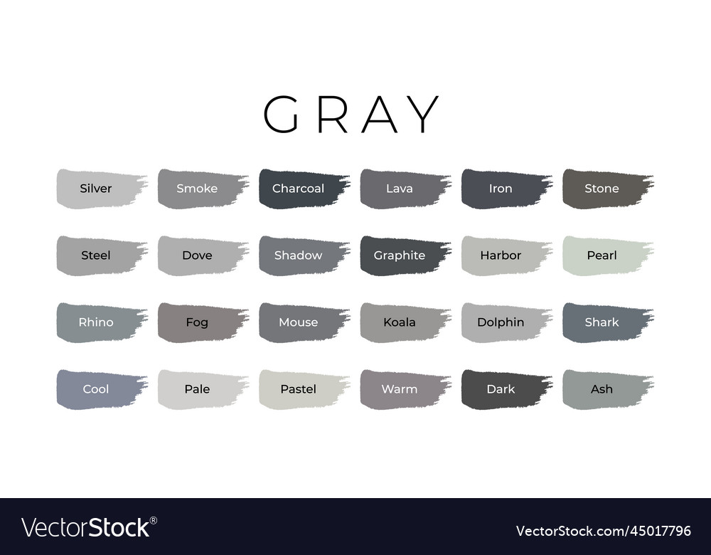 Gray paint color swatches with shade names Vector Image