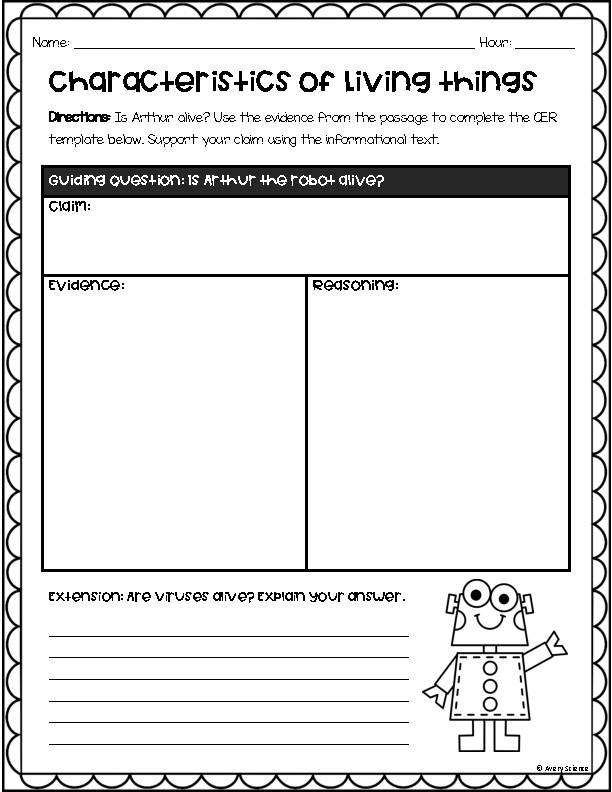 Characteristics of Living Things Reading Passage and CER Worksheet ...