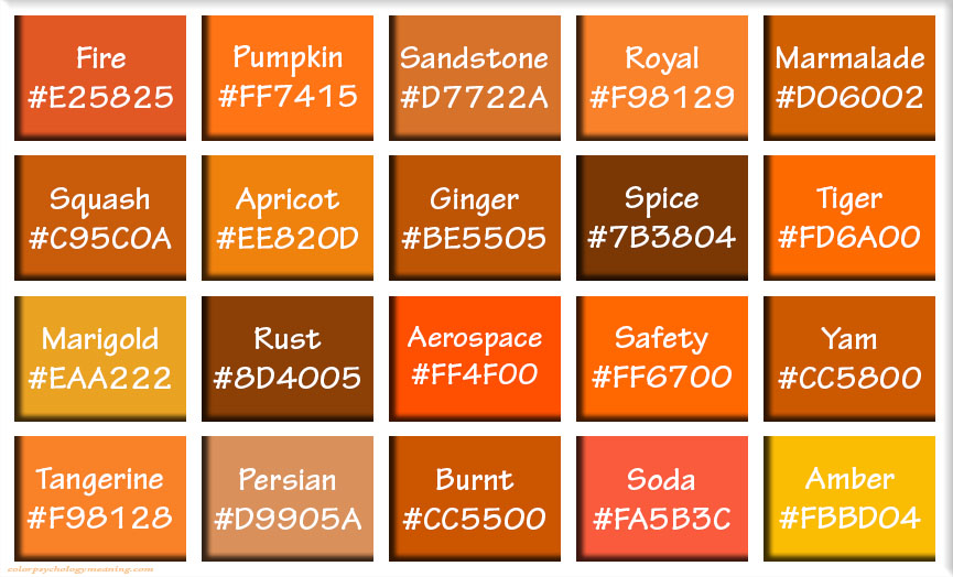 Shades of Orange & Names with HEX, RGB Color Codes