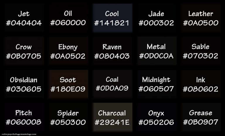 Shades of Black & Names with HEX, RGB Color Codes