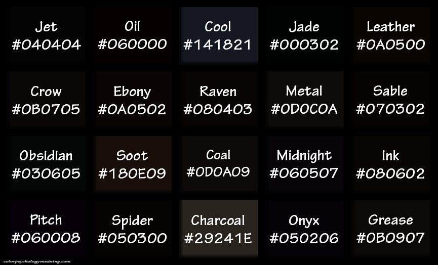 Shades of Black & Names with HEX, RGB Color Codes