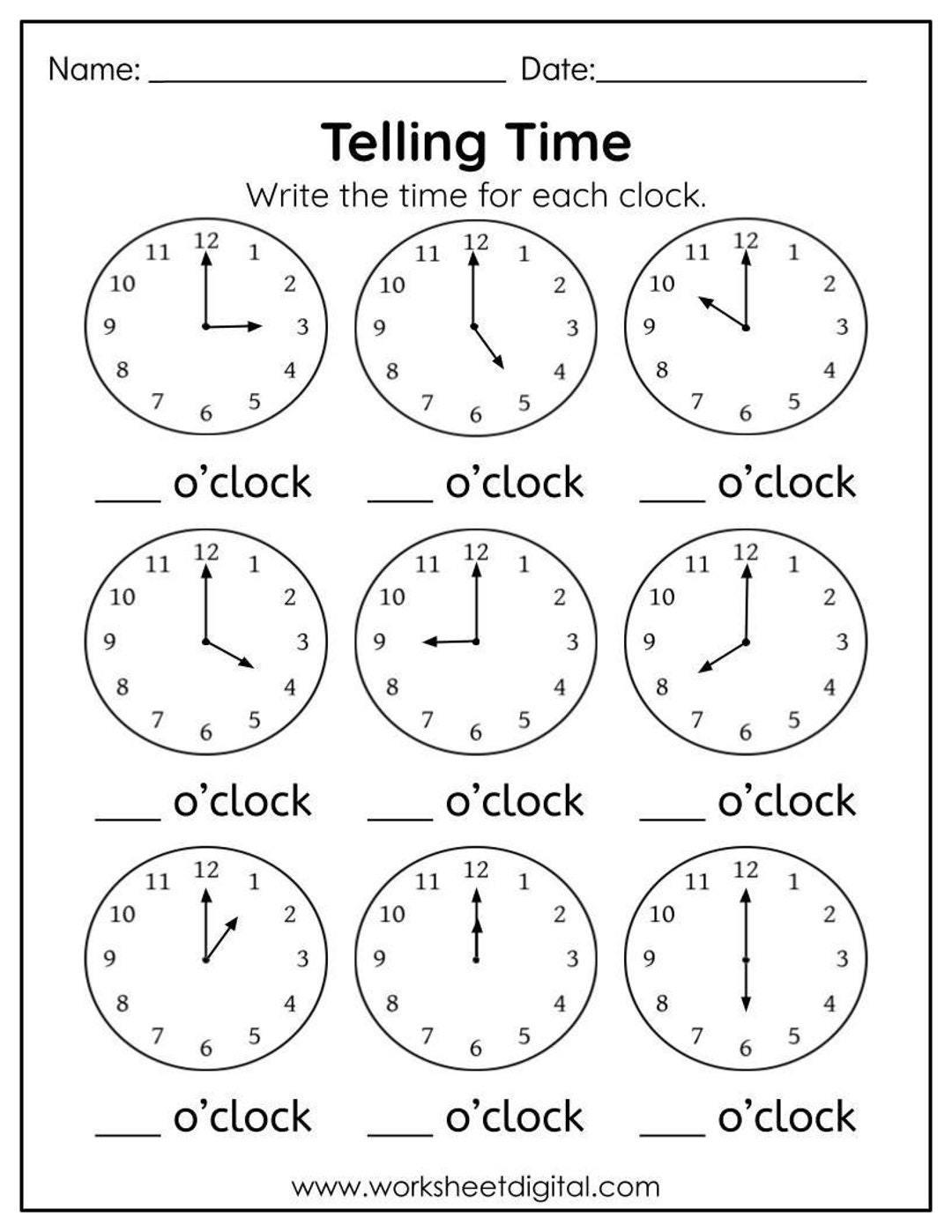 Clock Telling Time Worksheets