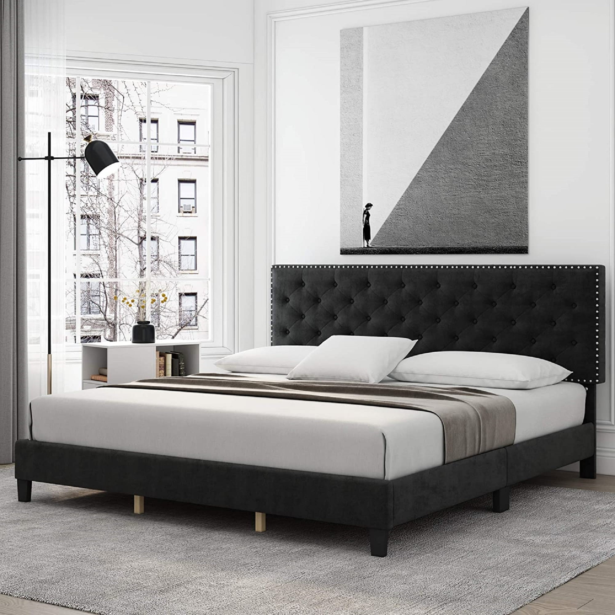 Homfa King Size Bed with Headboard, Modern Upholstered Platform Bed ...