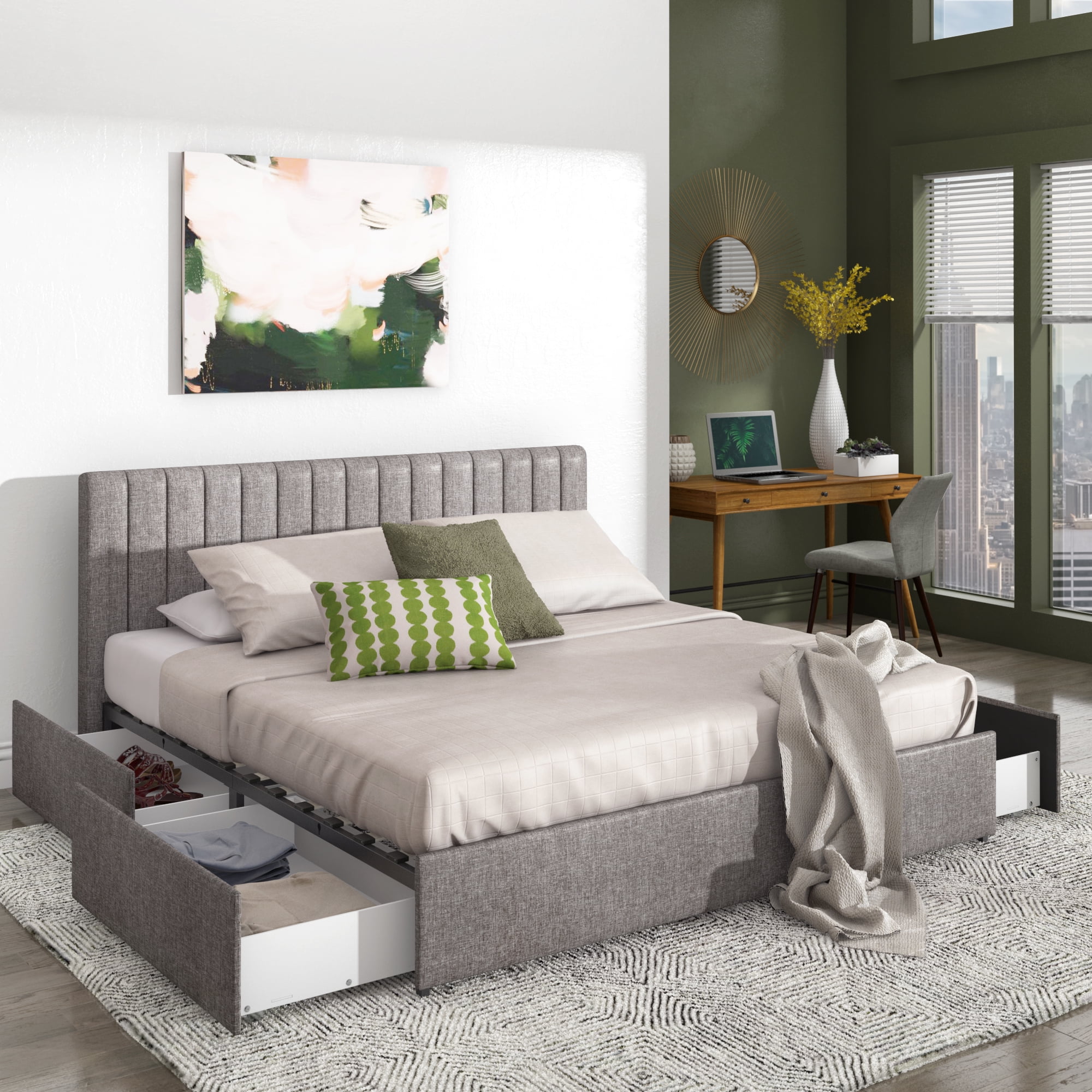Weston Home Gaylen Grey Linen Upholstered Storage Platform King Bed ...