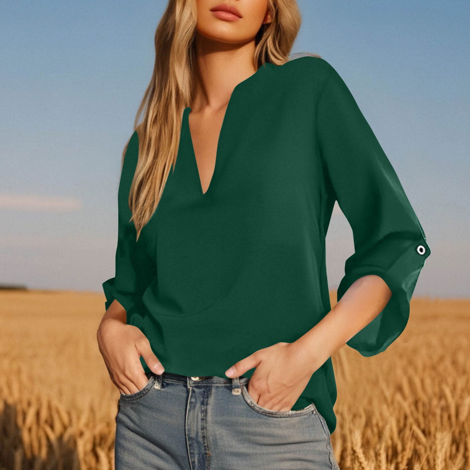 Bxsruta Blouse for Women, Loose Solid Color Top Women's Casual V-neck ...