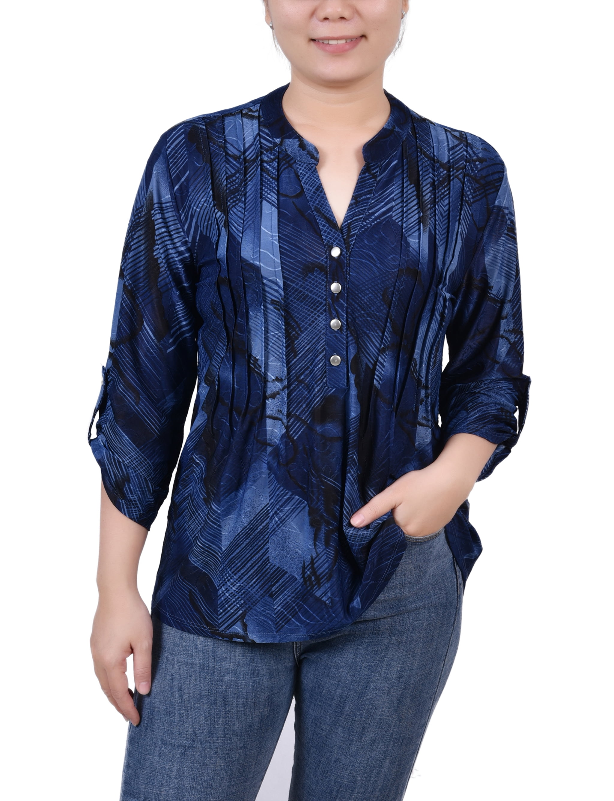 NY Collection Women's Petite 3/4 Sleeve Roll Tab Y Neck Top - Walmart.com
