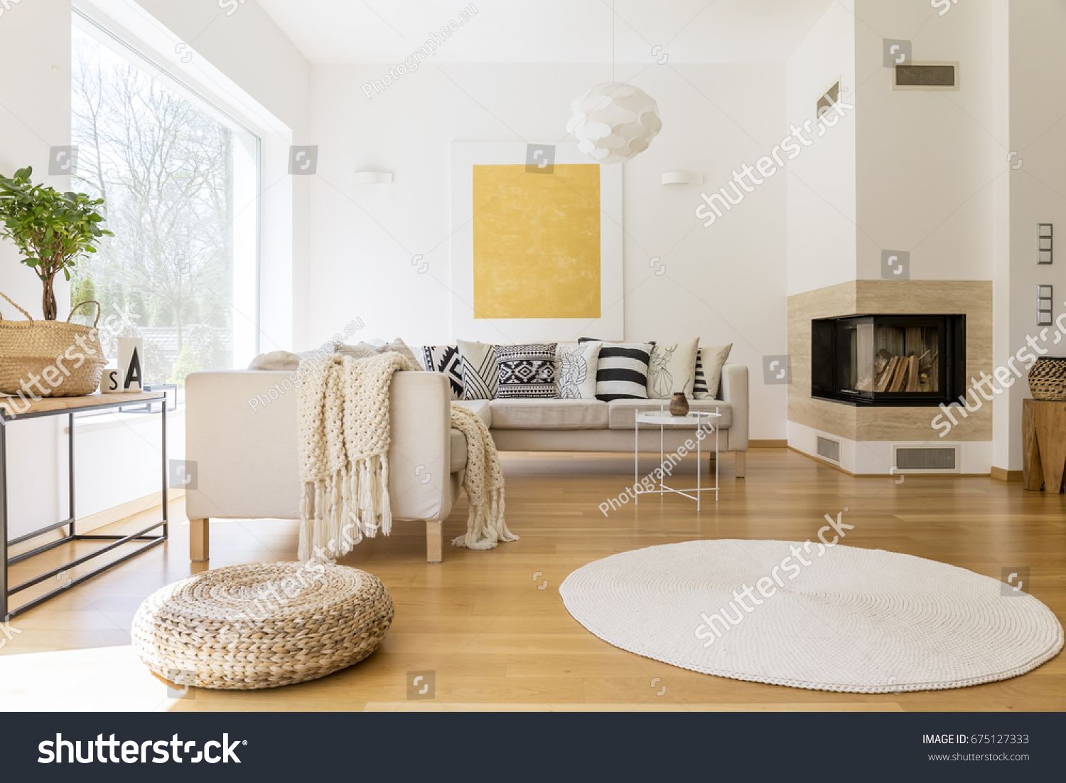 Spacious White Wooden Living Room Modern Stock Photo 675127333 ...