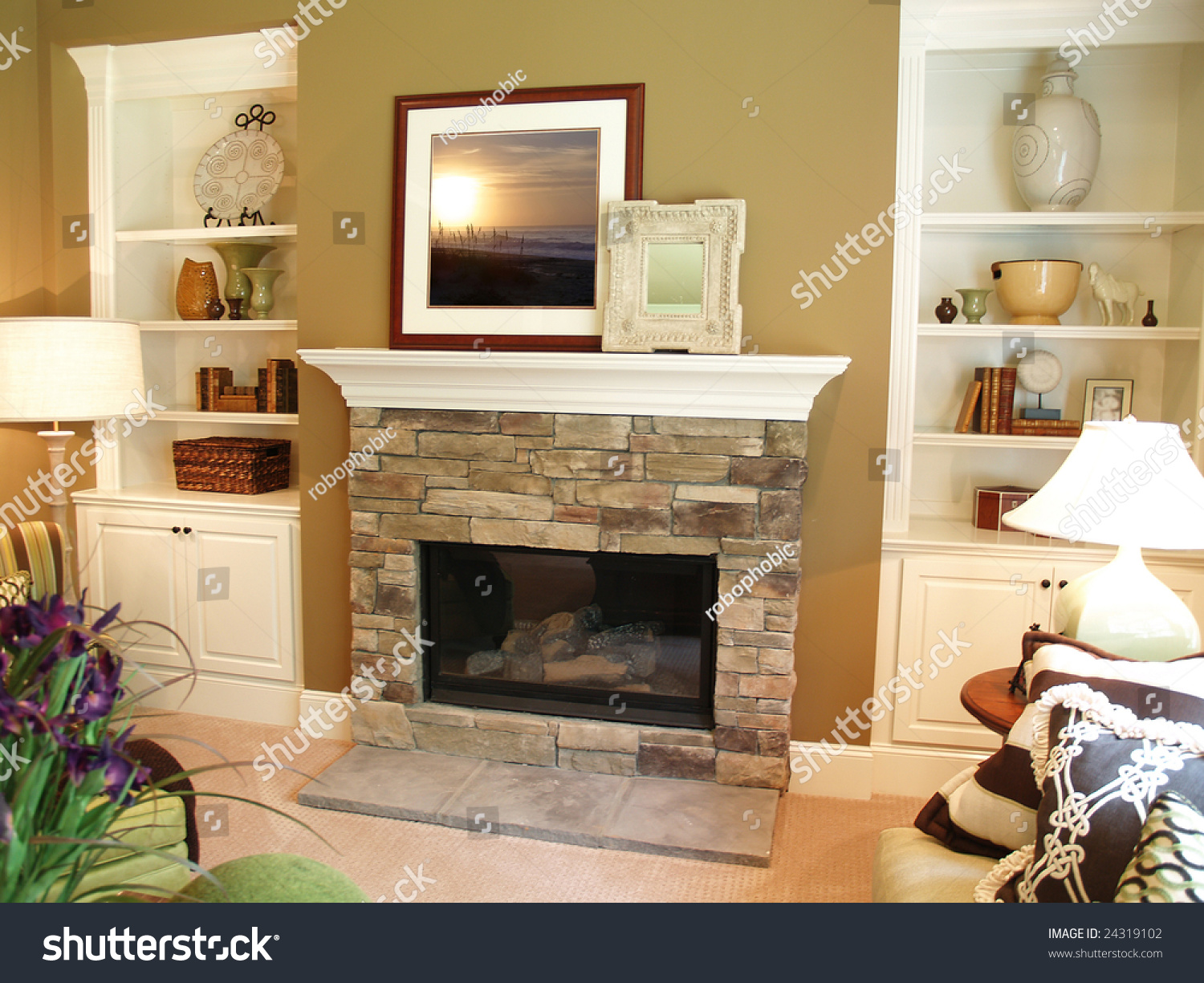 Stone Fireplace Modern Living Room White Stock Photo (Edit Now) 24319102