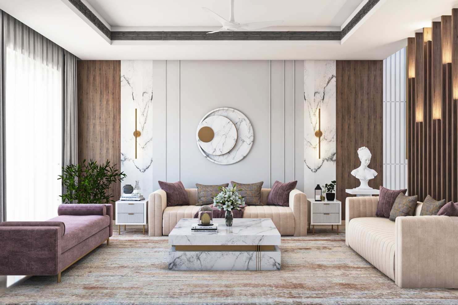 Wall Painting Design With Wood Panelling And Wall Lighting | Livspace