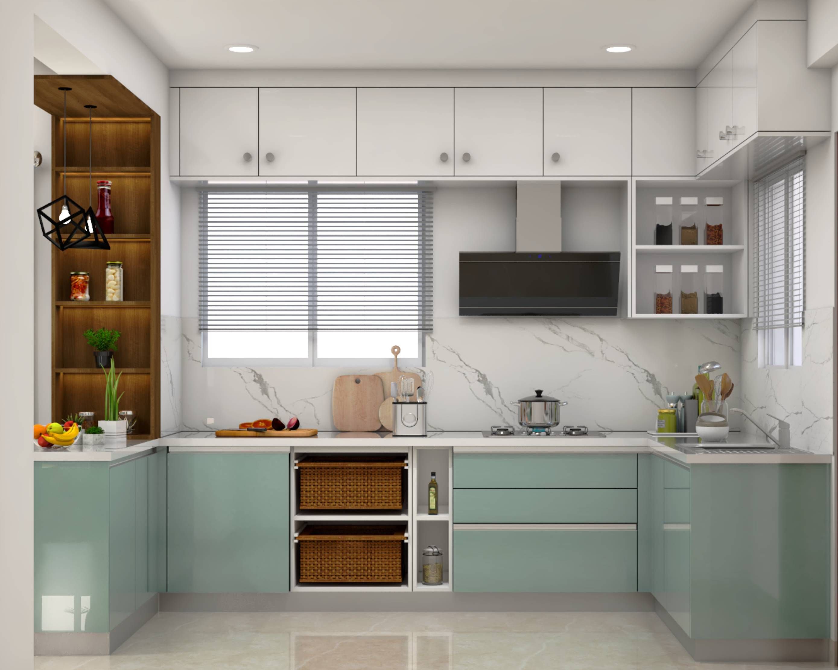 Modern U-Shaped Kitchen Design With Blue And White Cabinets | Livspace