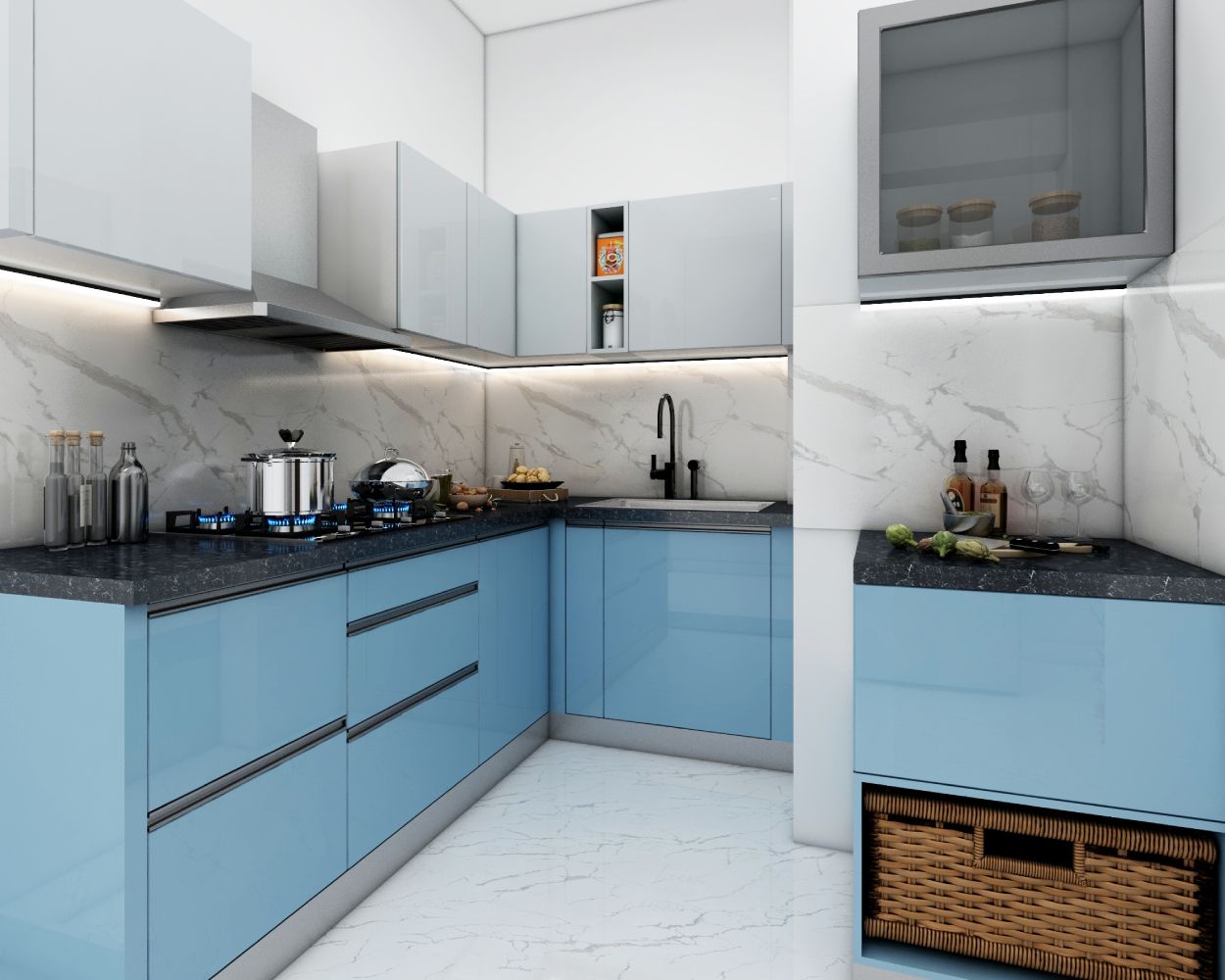 Blue And Smoke Grey L Shaped Modular Kitchen Design | Livspace