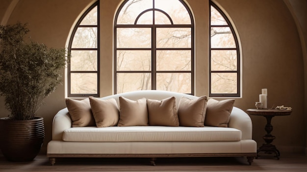 Premium AI Image | Beige elegant sofa against an arched window near bro