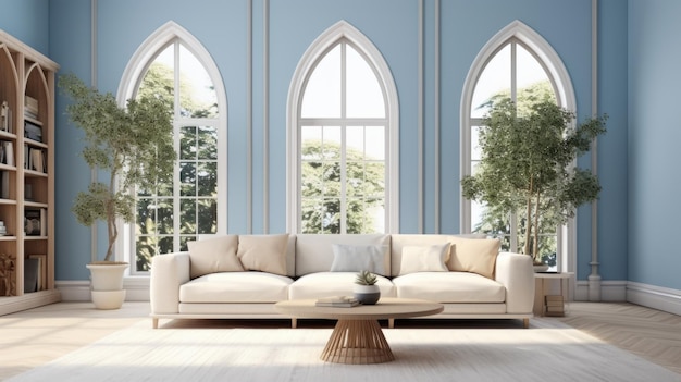 Premium Photo | Beige sofa in room with blue wall arched window and ...