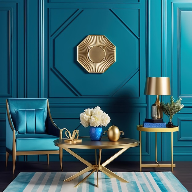 Premium AI Image | A blue and gold living room with a gold table and ...
