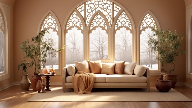 Premium Photo | Elegant living room interior with large arched windows