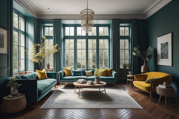 Premium Photo | Interior of modern living room with green walls wooden ...