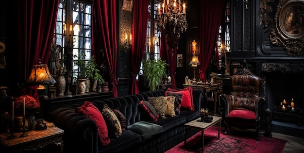 Premium AI Image | large living room that features dramatic dark color