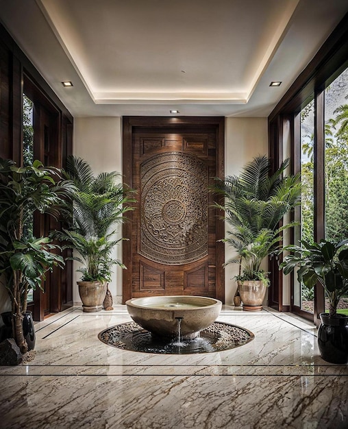 Premium Photo | A large ornate wooden door with a fountain in it