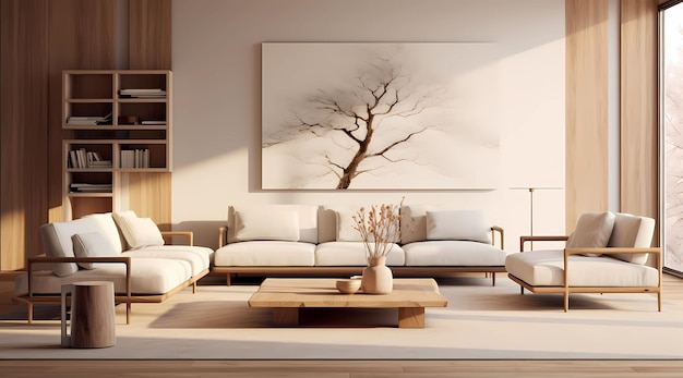 Premium AI Image | a living room made with white colors and wood furniture