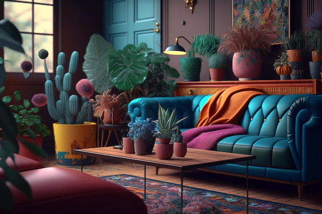 Premium Photo | A living room with a couch and plants in the corner.