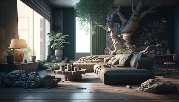 Premium AI Image | A living room with a couch and a tree in the corner