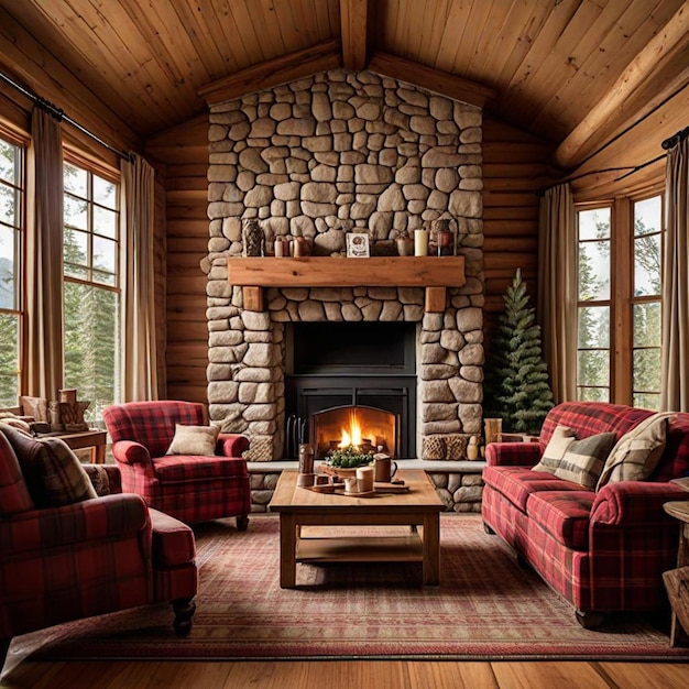 A living room with a fireplace and a fireplace with a stone fireplace ...