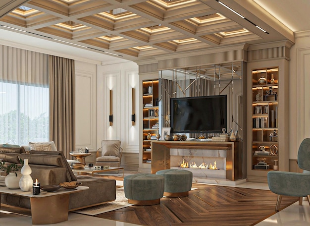 Premium AI Image | A living room with a fireplace and a fireplace with ...