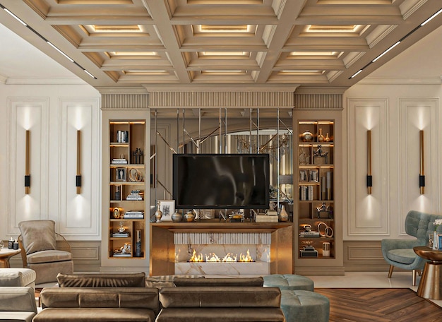 Premium AI Image | A living room with a fireplace and a fireplace with ...