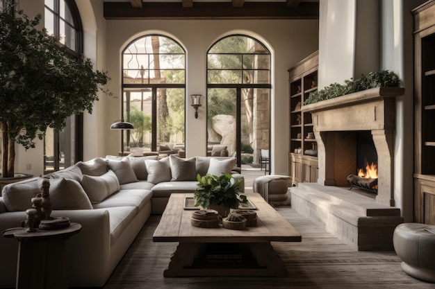 Premium AI Image | Living room with a fireplace and a fireplace