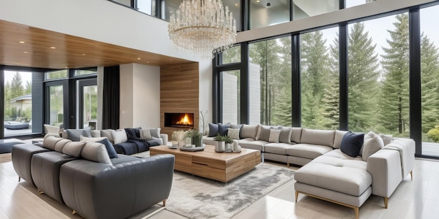 Premium AI Image | A living room with a fireplace and a fireplace.