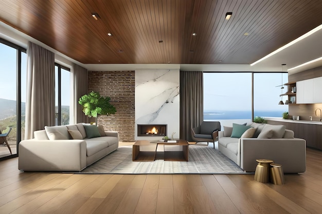 Premium Photo | A living room with a fireplace and a fireplace.