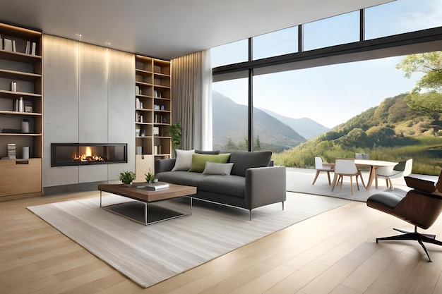 Premium Photo | A living room with a fireplace and a fireplace.