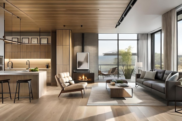Premium AI Image | A living room with a fireplace and a fireplace.