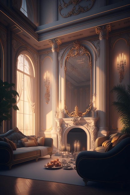 Premium AI Image | A living room with a fireplace and a fireplace.