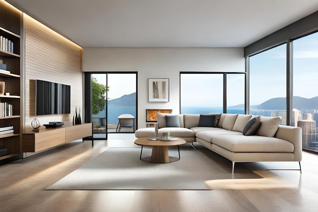 Premium AI Image | A living room with a fireplace and a fireplace.