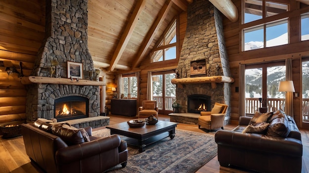 Premium Photo | A living room with a fireplace and a stone fireplace