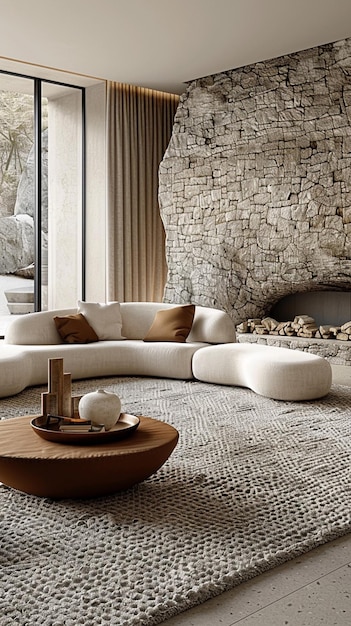 Premium Photo | A living room with a fireplace and a stone fireplace