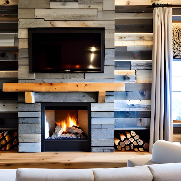 Premium Photo | A living room with a fireplace and a tv above it