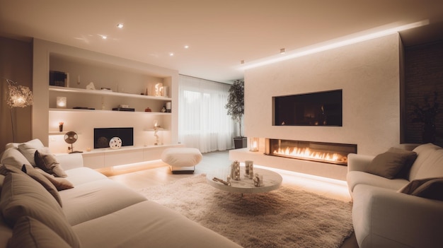 Premium AI Image | A living room with a fireplace and a tv above it
