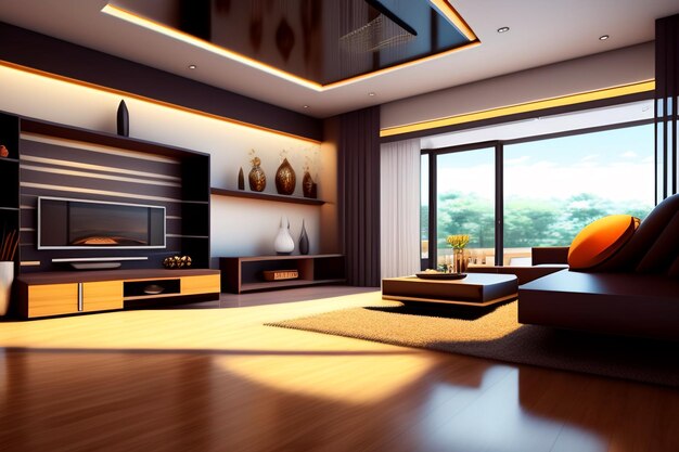 Premium AI Image | A living room with a fireplace and a tv set